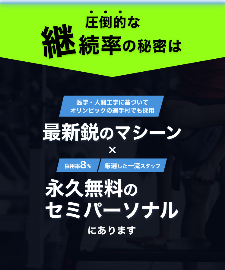 圧倒的な継続率の秘密は、最新鋭のマシーンと永久無料のセミパーソナル